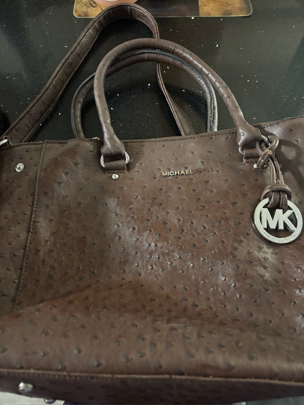 Michael Kors Dark Brown Textured Tote with MK Charm